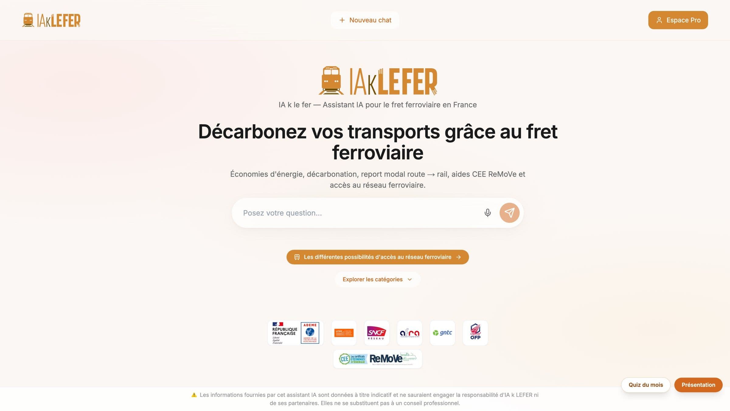 Page d’accueil de l’assistant IA k LEFER : « Décarbonez vos transports grâce au fret ferroviaire »
